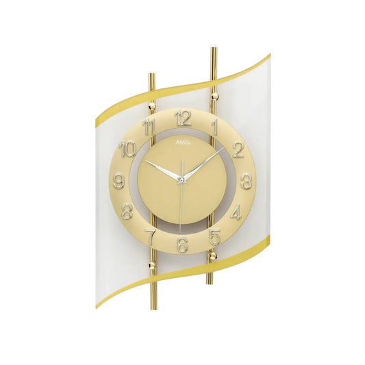 Goldfarbene Wanduhr mit rundem Zifferblatt und Mineralglas-Abdeckung