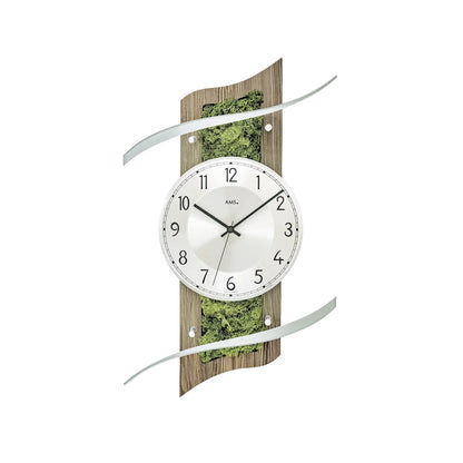 Wanduhr mit rundem Zifferblatt, Glasfront und Holzrückwand, facettiertes Design