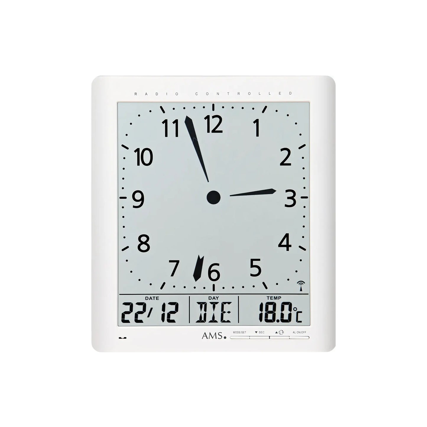 Weiße Funk-Wanduhr als Wand- oder Standuhr, mit analogem und digitalem Display.