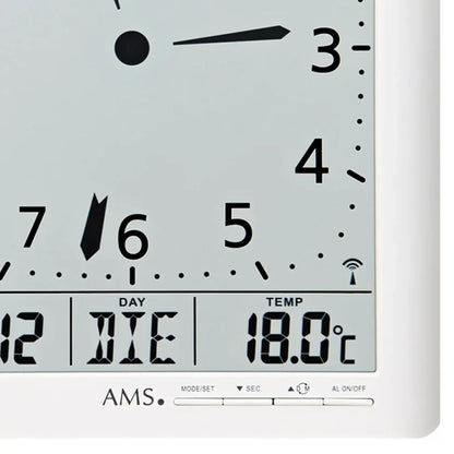 Weiße Funk-Wanduhr mit analogem Zifferblatt und digitaler Anzeige für Uhrzeit, Datum, Temp.