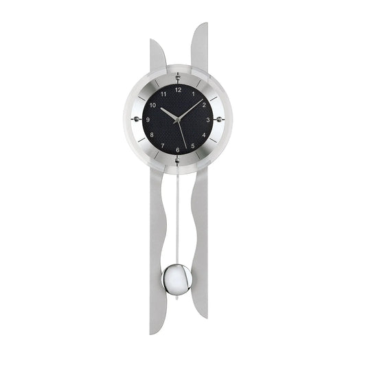 Wanduhr mit silbernem Funkpendelwerk, rundem Zifferblatt mit Zeigern und Pendelgewichten
