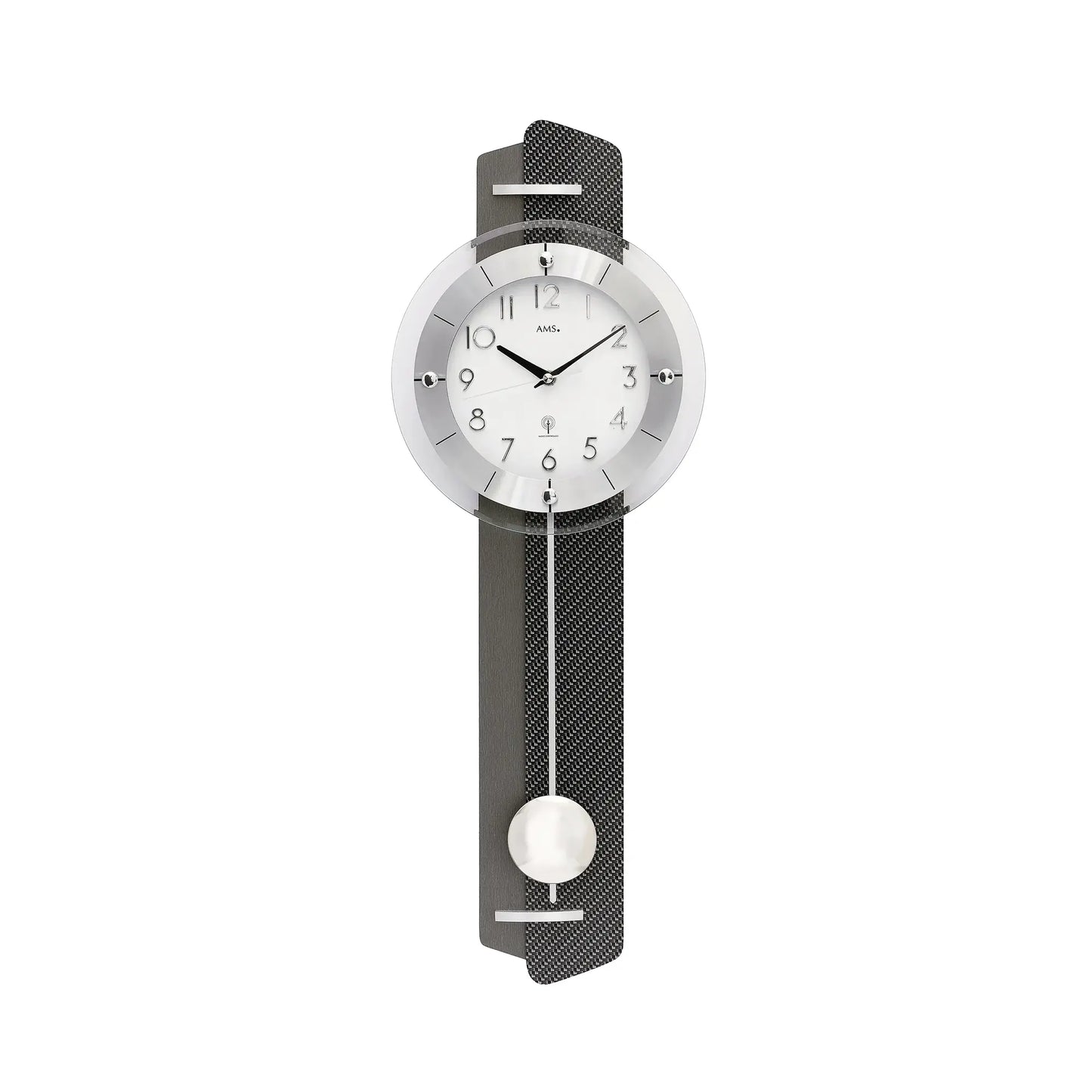 Funk-Pendelwanduhr mit rundem Zifferblatt, silbernen Zeigern, anthrazitem Band und Pendelkugel