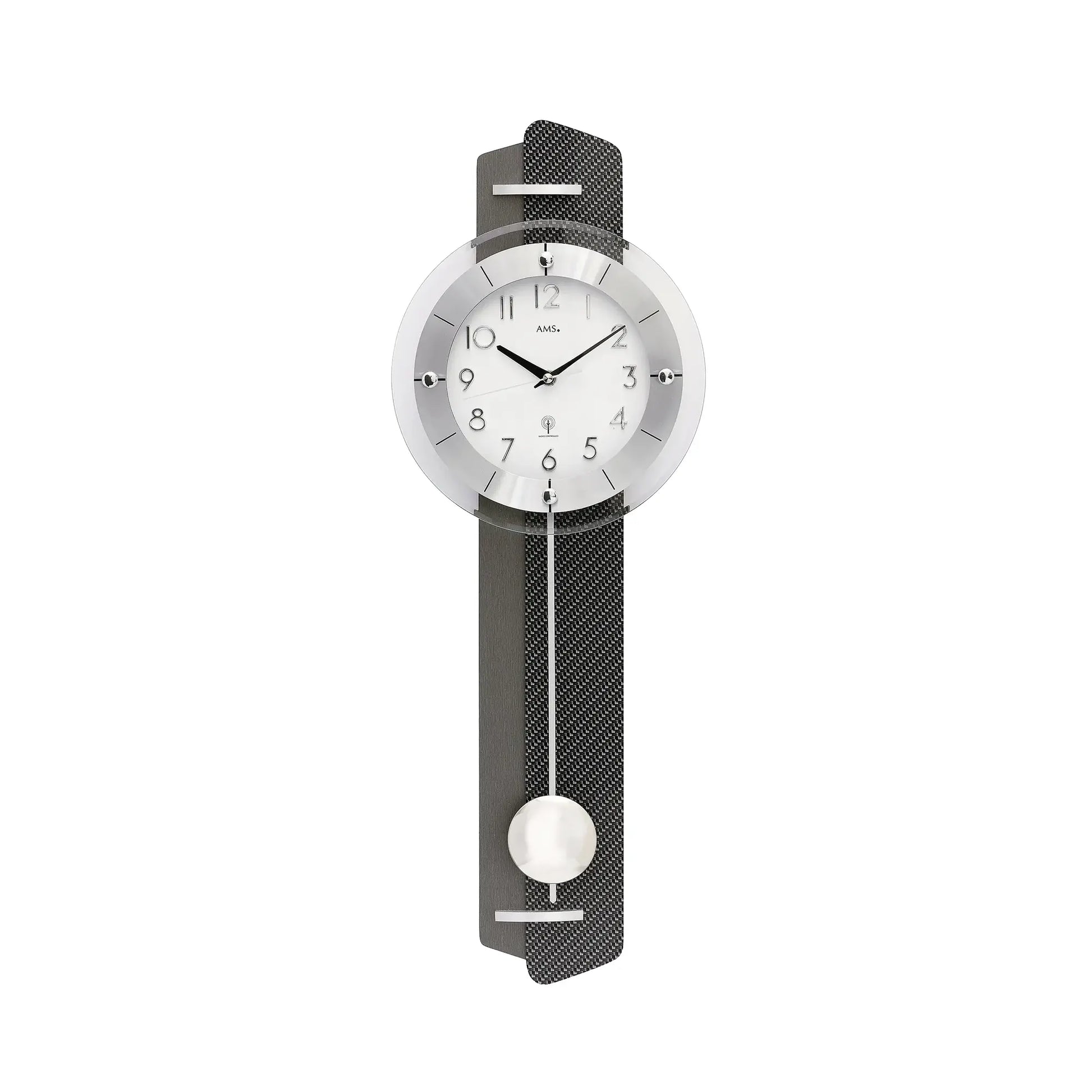 Funk-Pendelwanduhr mit rundem Zifferblatt, silbernen Zeigern, anthrazitem Band und Pendelkugel
