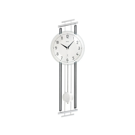 Wanduhr mit rundem Zifferblatt, Metallrahmen und hängender Pendelkugel