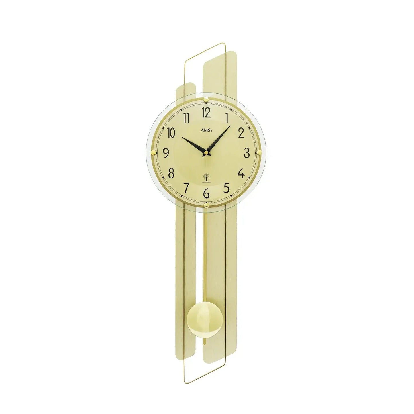 Wanduhr AMS mit goldfarbener Messingauflage, rundes Ziffernblatt hinter Glasfront