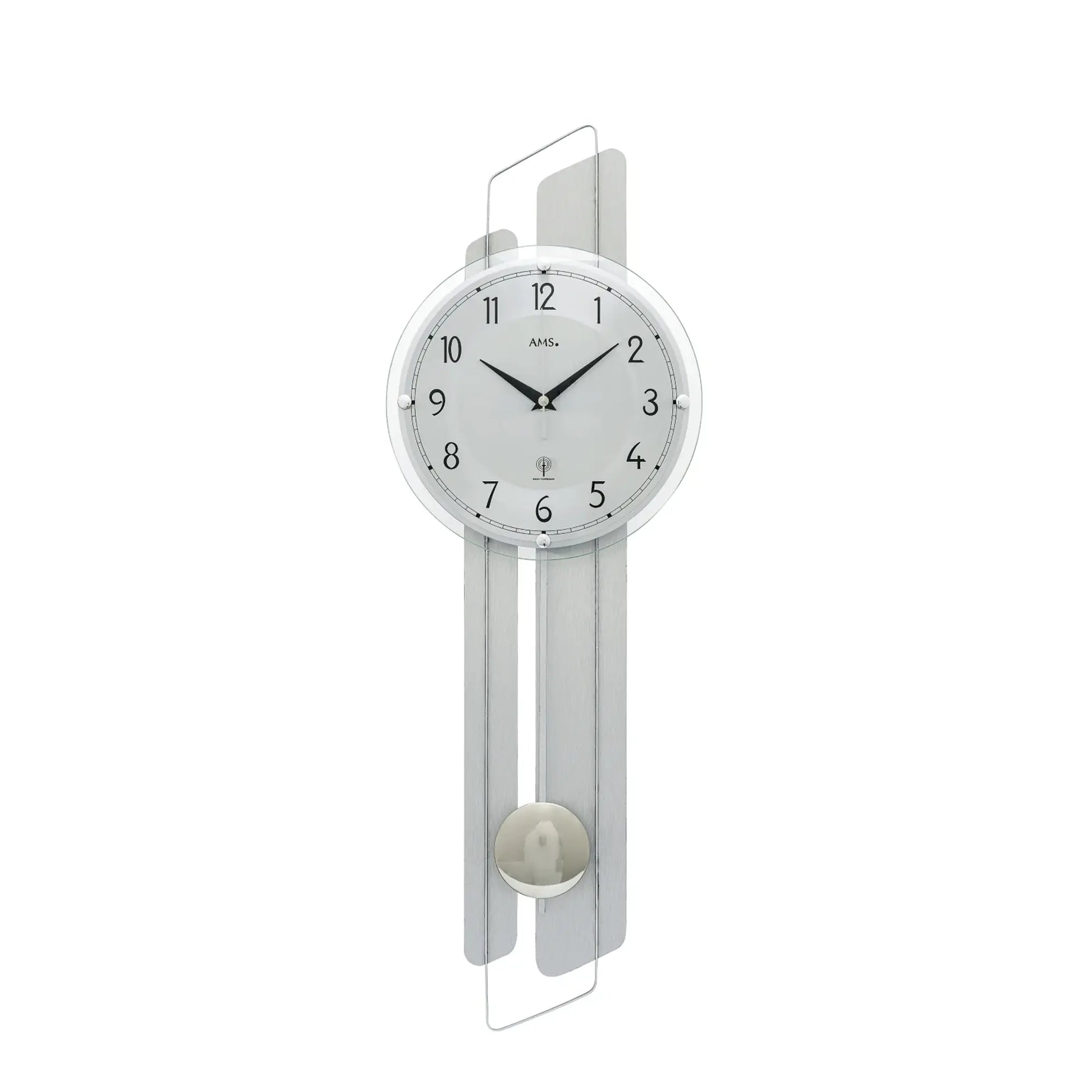 Wanduhr mit Aluminium-Gehäuse, rundem Zifferblatt und Glasabdeckung des Pendelwerks