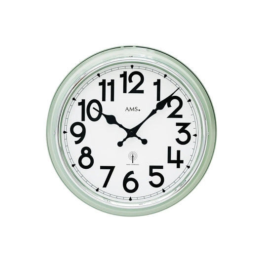 Wanduhr rund mit mintfarbenem Rahmen, Mineralglas, schwarzem Ziffernblatt und AMS