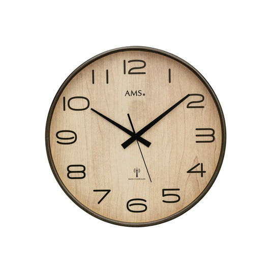 AMS Wanduhr mit Holz-Zifferblatt, schwarzem Rahmen und Mineralglas, römische Ziffern