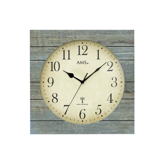 Wanduhr mit grauer Holzstruktur, analogem Zifferblatt und Mineralglas, AMS