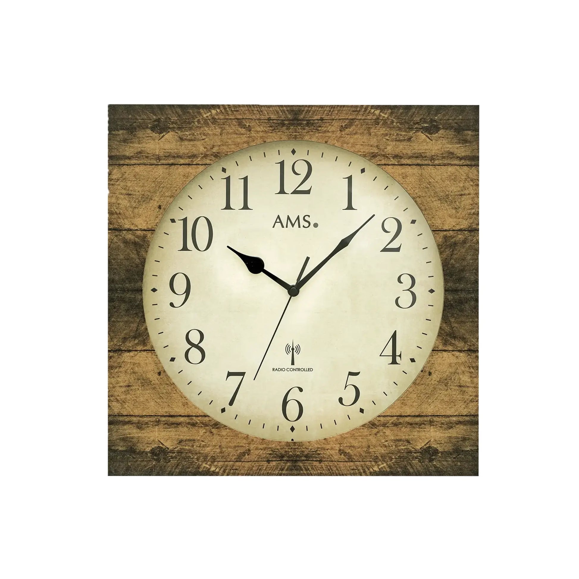 AMS Wanduhr mit braunem Holzstruktur-Gehäuse, beige Zifferblatt, Mineralglas, Funkuhr
