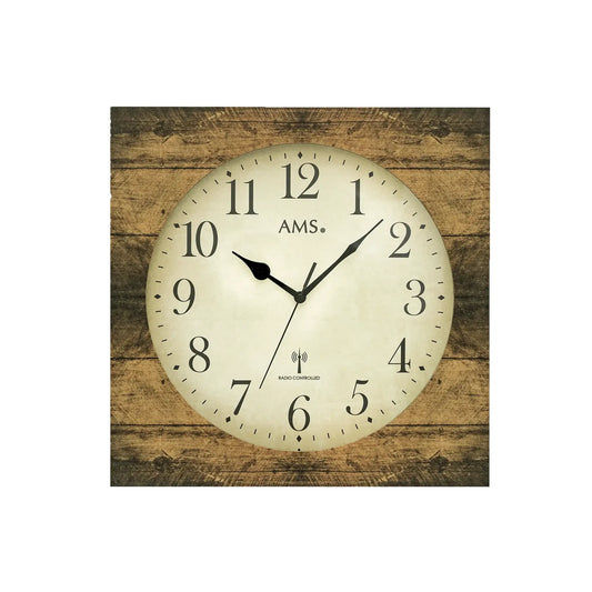 AMS Wanduhr mit braunem Holzstruktur-Gehäuse, beige Zifferblatt, Mineralglas, Funkuhr