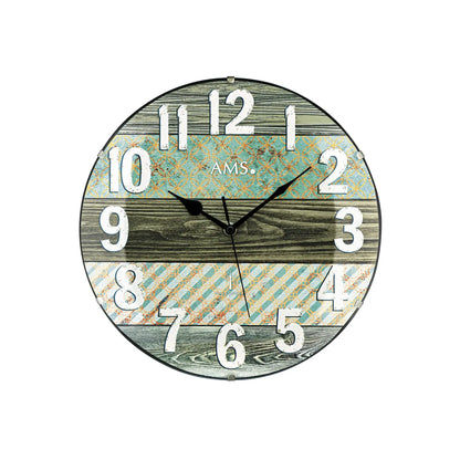 Runde AMS Funk-Wanduhr, weiße Ziffern auf grünem Holz- und Musterdruck
