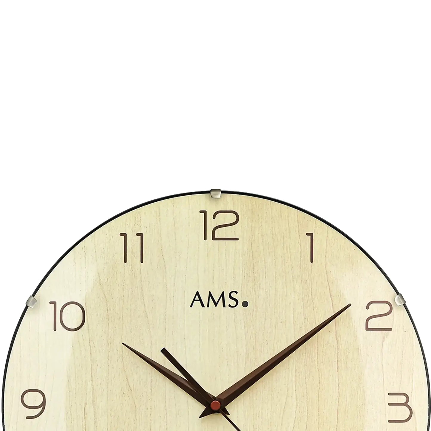 Runde Funk-Wanduhr mit Holzgehäuse, Glasfront und Ziffernblatt mit AMS-Schrift