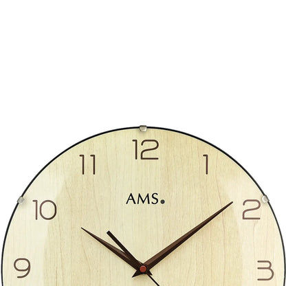 Runde Funk-Wanduhr mit Holzgehäuse, Glasfront und Ziffernblatt mit AMS-Schrift