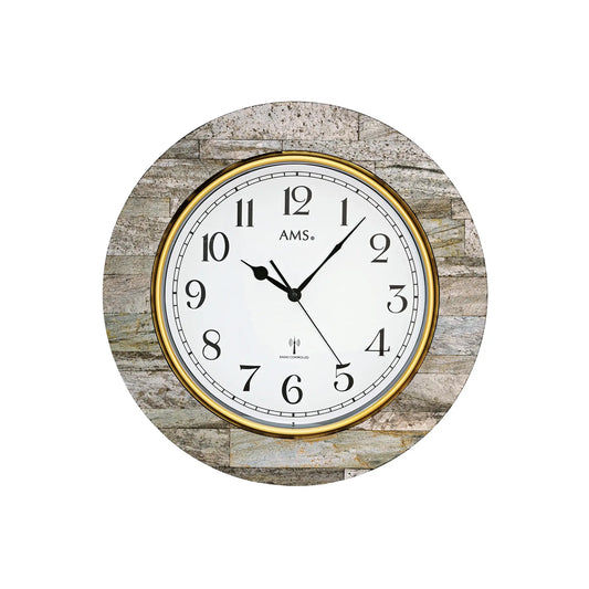 AMS Funk-Wanduhr mit weißem Ziffernblatt, schwarzen Ziffern und goldener Umrandung