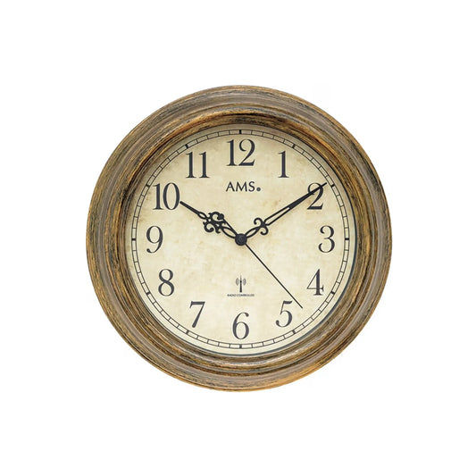 AMS Funk-Wanduhr rund, goldbraun bronzierter Rahmen, beiges Zifferblatt mit Zeigern