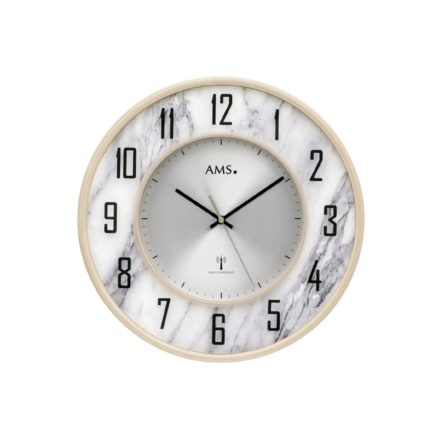 Runde AMS Funk-Wanduhr mit marmorierter Einfassung, großen arabischen Ziffern und Mineralglas