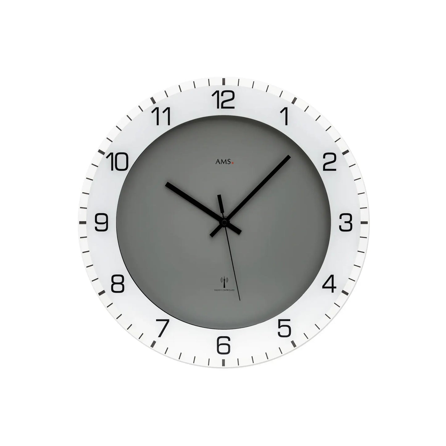 Runde Wanduhr mit anthrazitfarbenem Zifferblatt, weißem Ziffernring und schwarzen Zeigern
