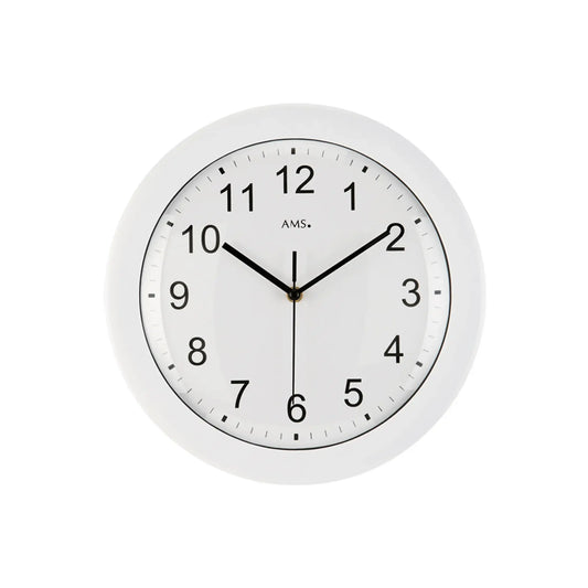 Weiße Funk-Wanduhr mit schwarzem Ziffernblatt, schwarzen Zeigern und klarer Minutenanzeige