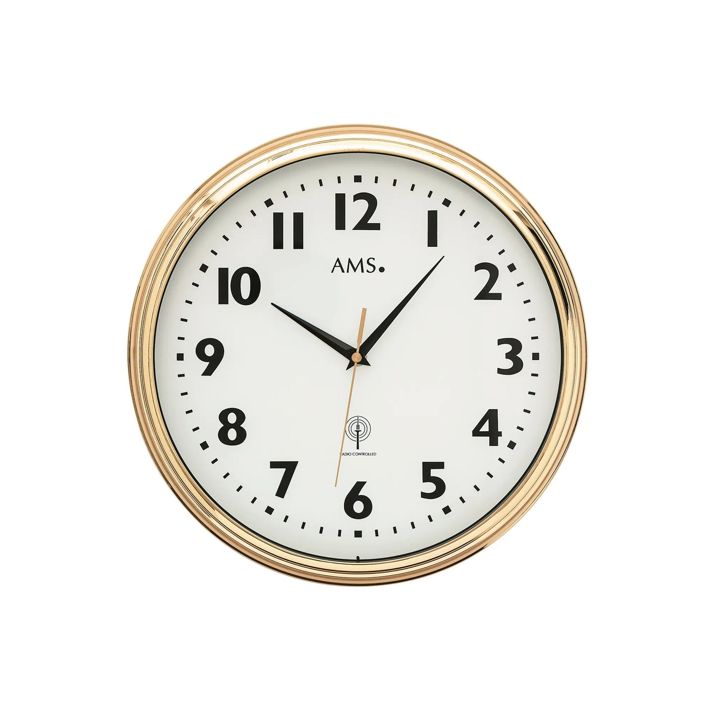 Funk-Wanduhr mit Messingrahmen, rundem Mineralglas und weißem Zifferblatt mit schwarzen Zeigern