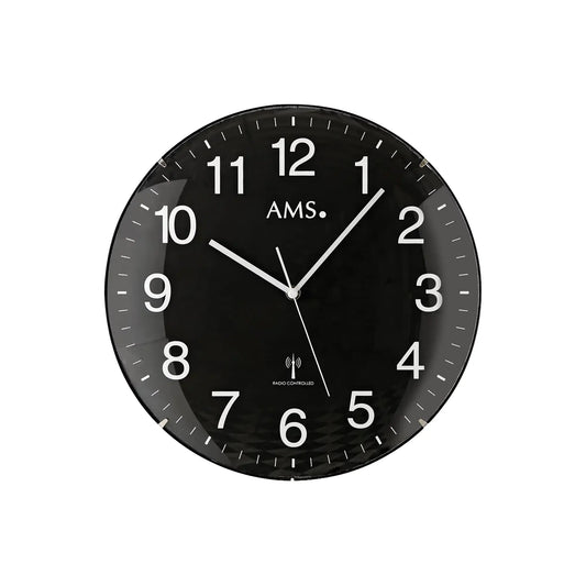 AMS Wanduhr schwarz mit weißen Ziffern, Strichskala, zwei Zeigern und Funk-Logo