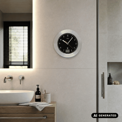Runde Badezimmer-Wanduhr in Silber mit schwarzem Zifferblatt und digitaler Temperaturanzeige