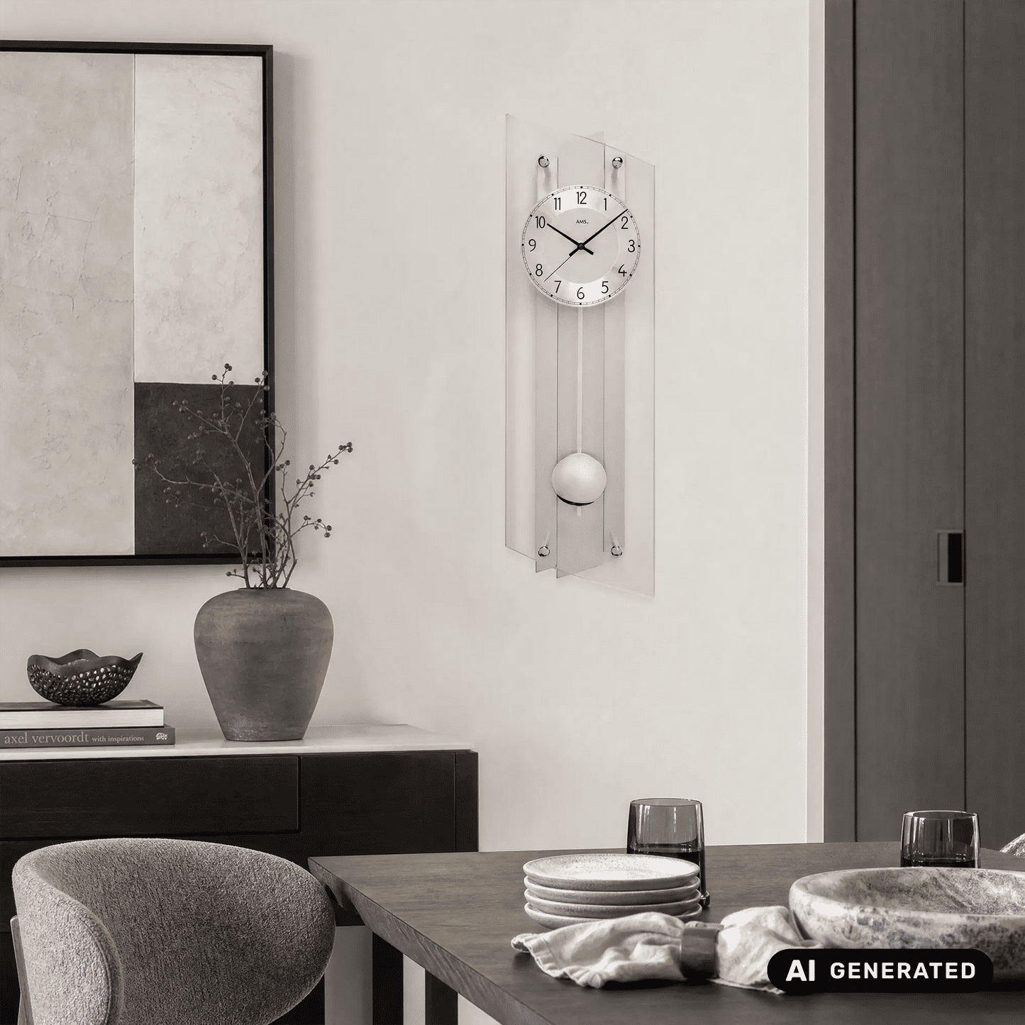 Wanduhr an der Wand mit analogem Zifferblatt und Pendel, silberner Rahmen