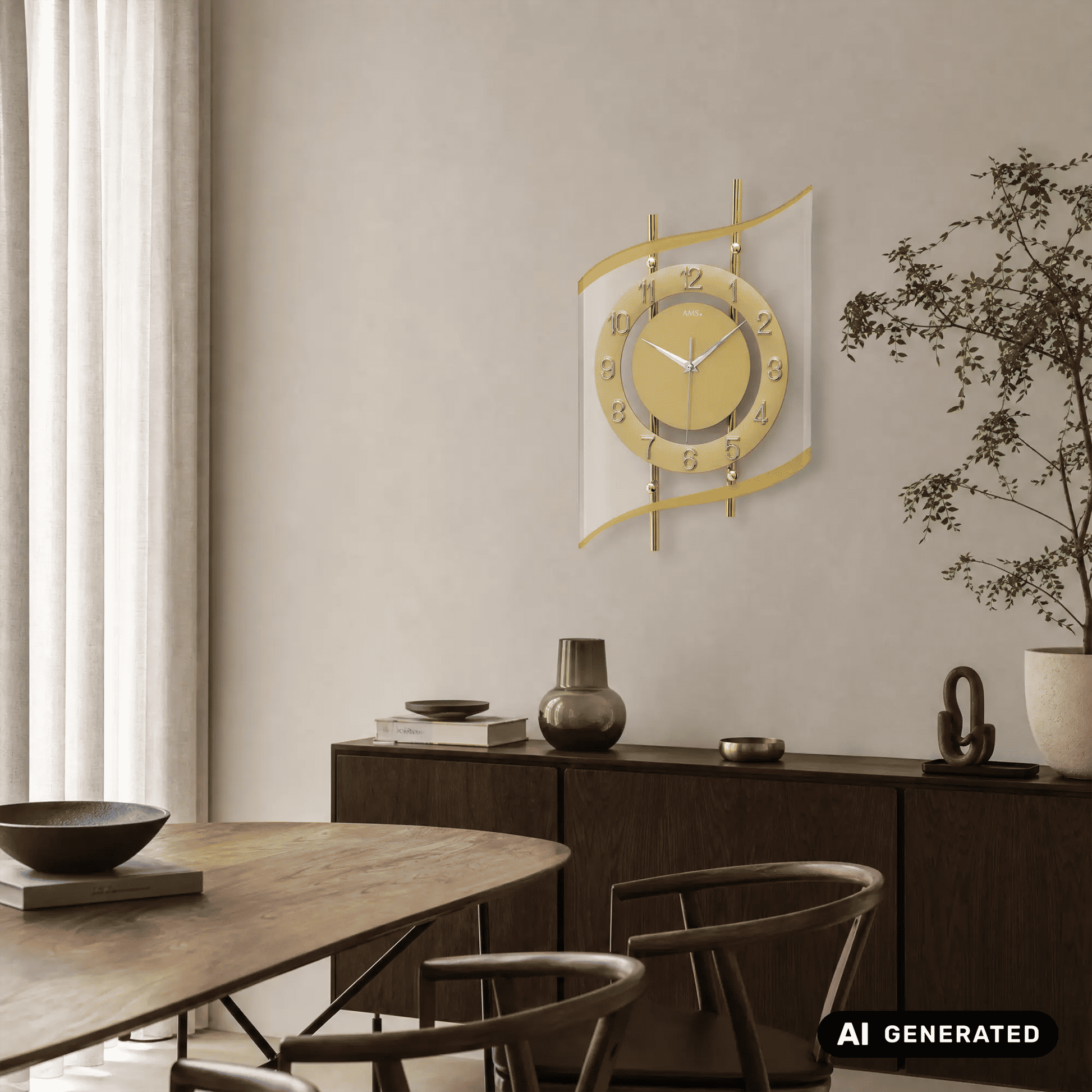 Funk-Wanduhr in Gold mit Ziffernring, Zeigern und Mineralglas