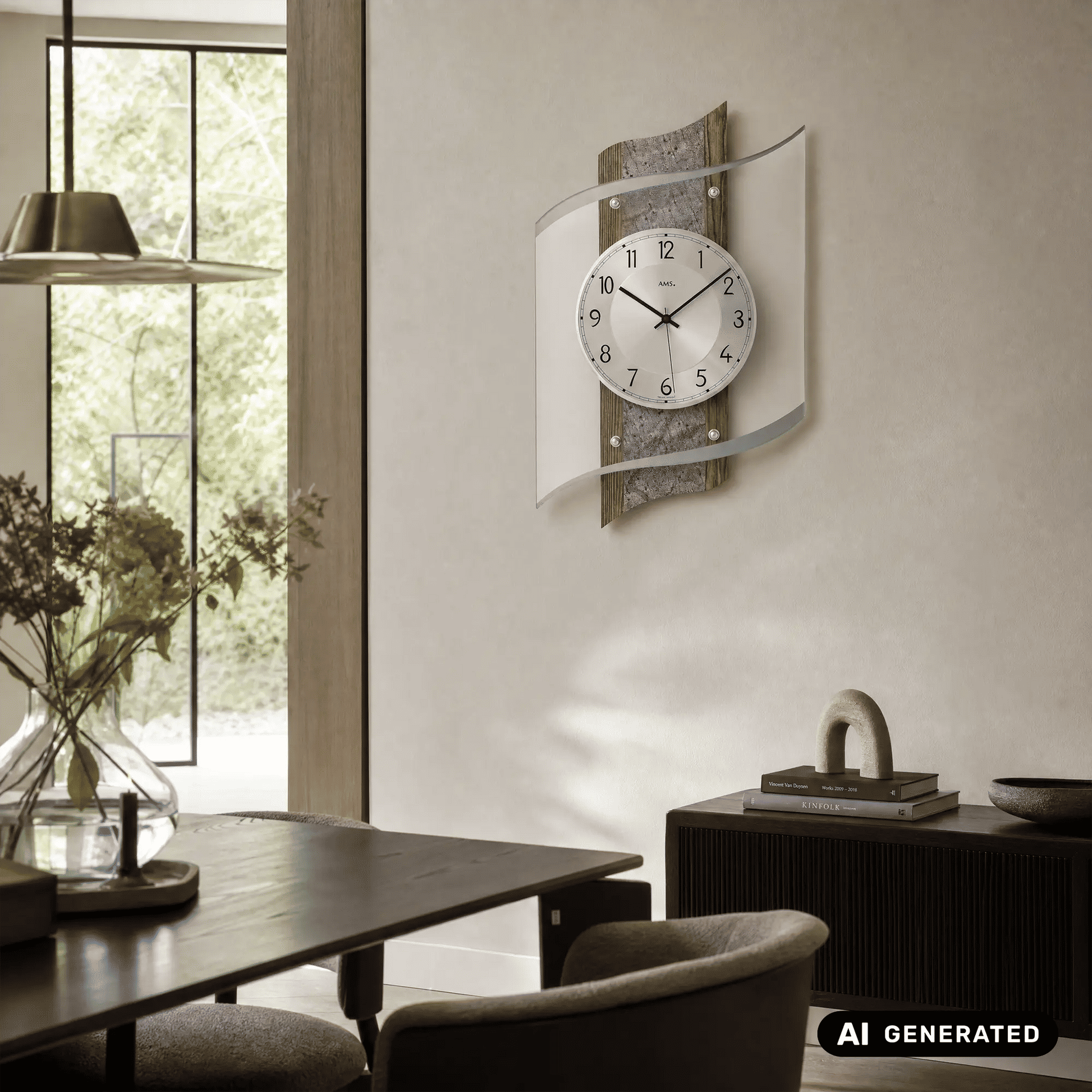 Wanduhr an der Wand mit rundem Zifferblatt, Nussbaumdekor-Elementen und gewölbtem Glas