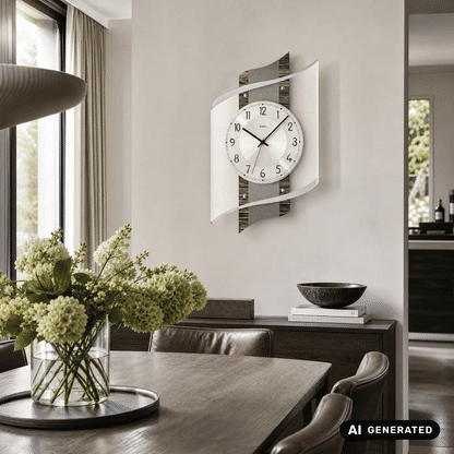 Wanduhr an der Wand mit facettiertem Mineralglas und Aluminiumzifferblatt, AMS