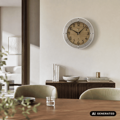 Wanduhr an der Wand: weißer Rahmen mit Kugeln am Rand, Holz-Zifferblatt, schwarze Zeiger
