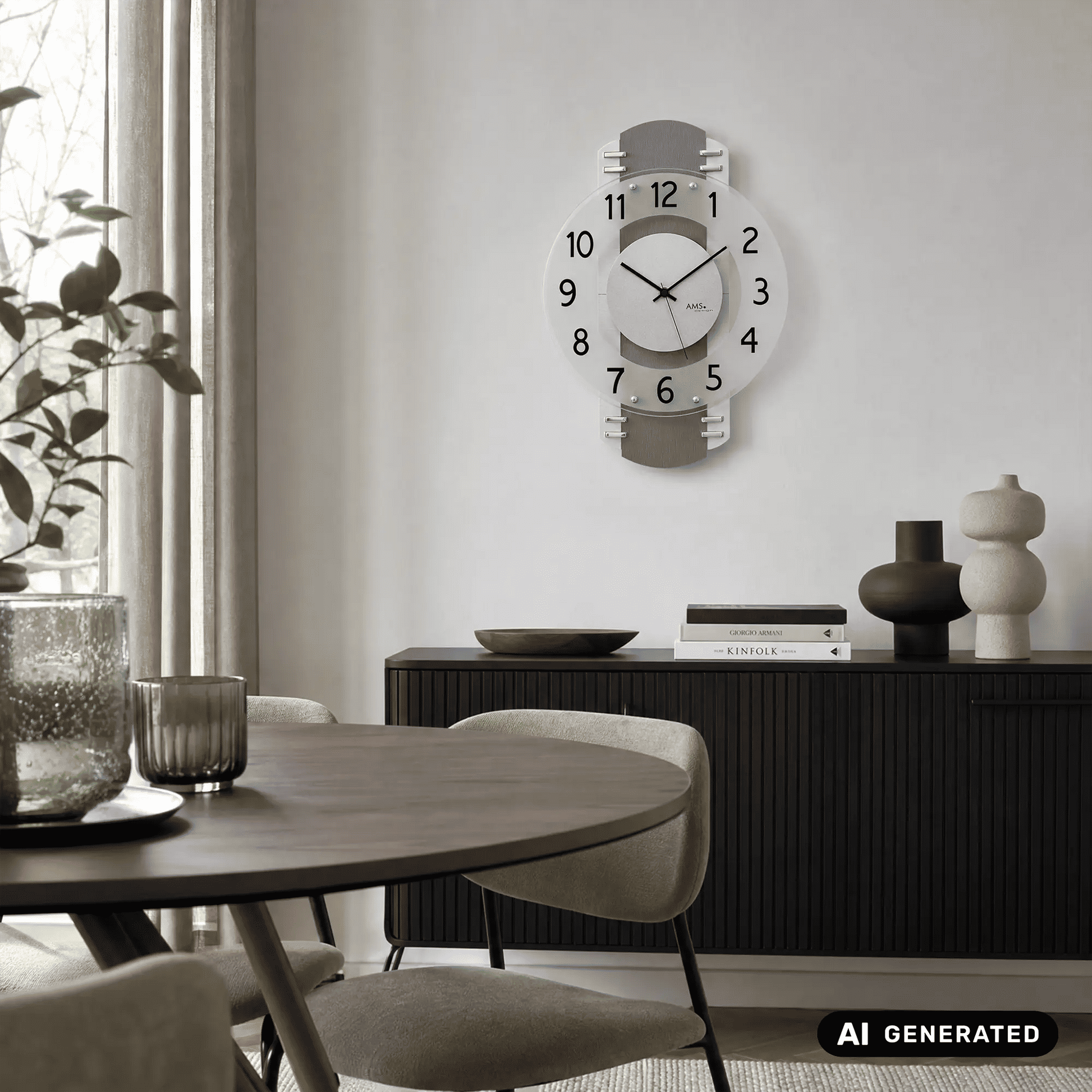 Wanduhr an der Wand: anthrazitgraues Ziffernblatt mit weißen Zeigern und Zahlen