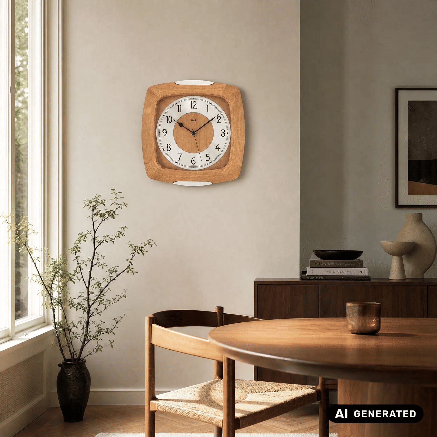 Wanduhr aus hellem Holz an der Wand mit rundem Holz-Ausschnitt im Zifferblatt