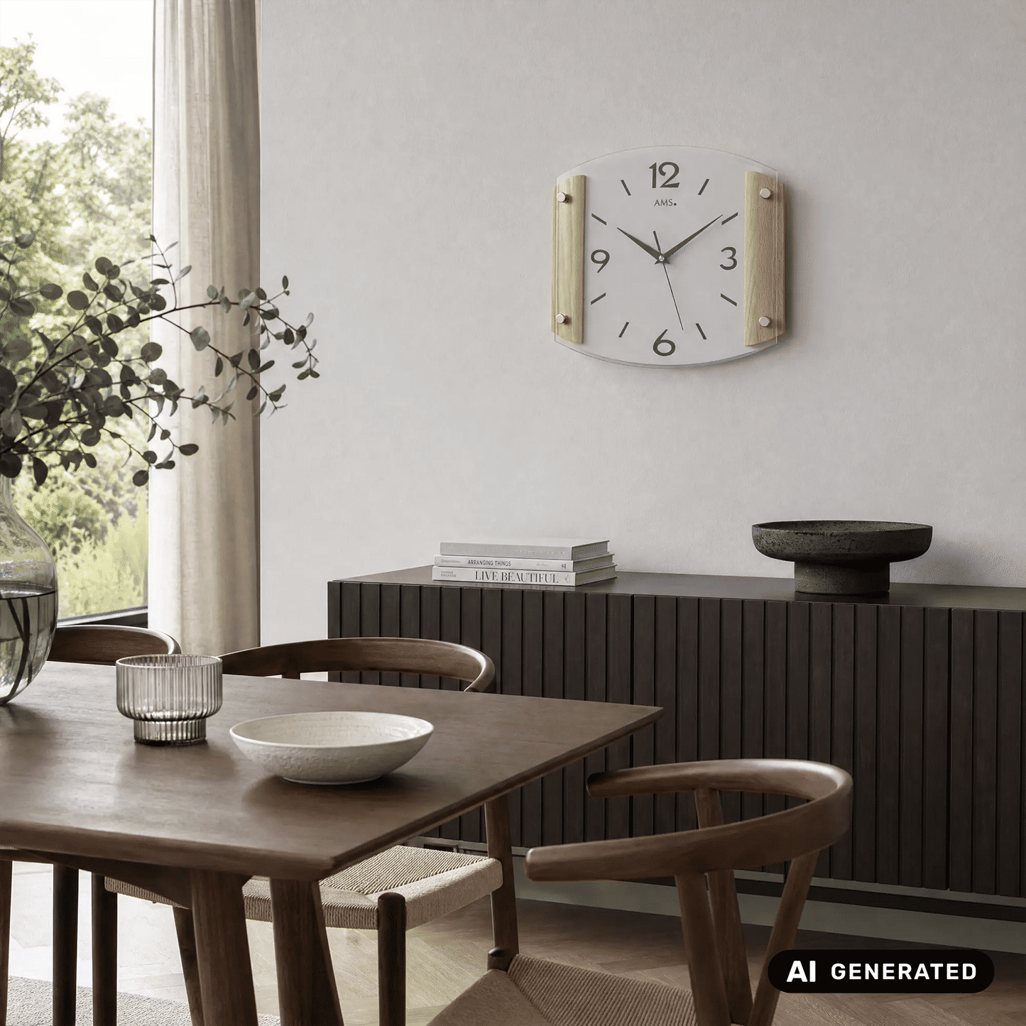 Wanduhr an der Wand mit weißem Zifferblatt, schwarzen Zahlen und Holzseitenteilen