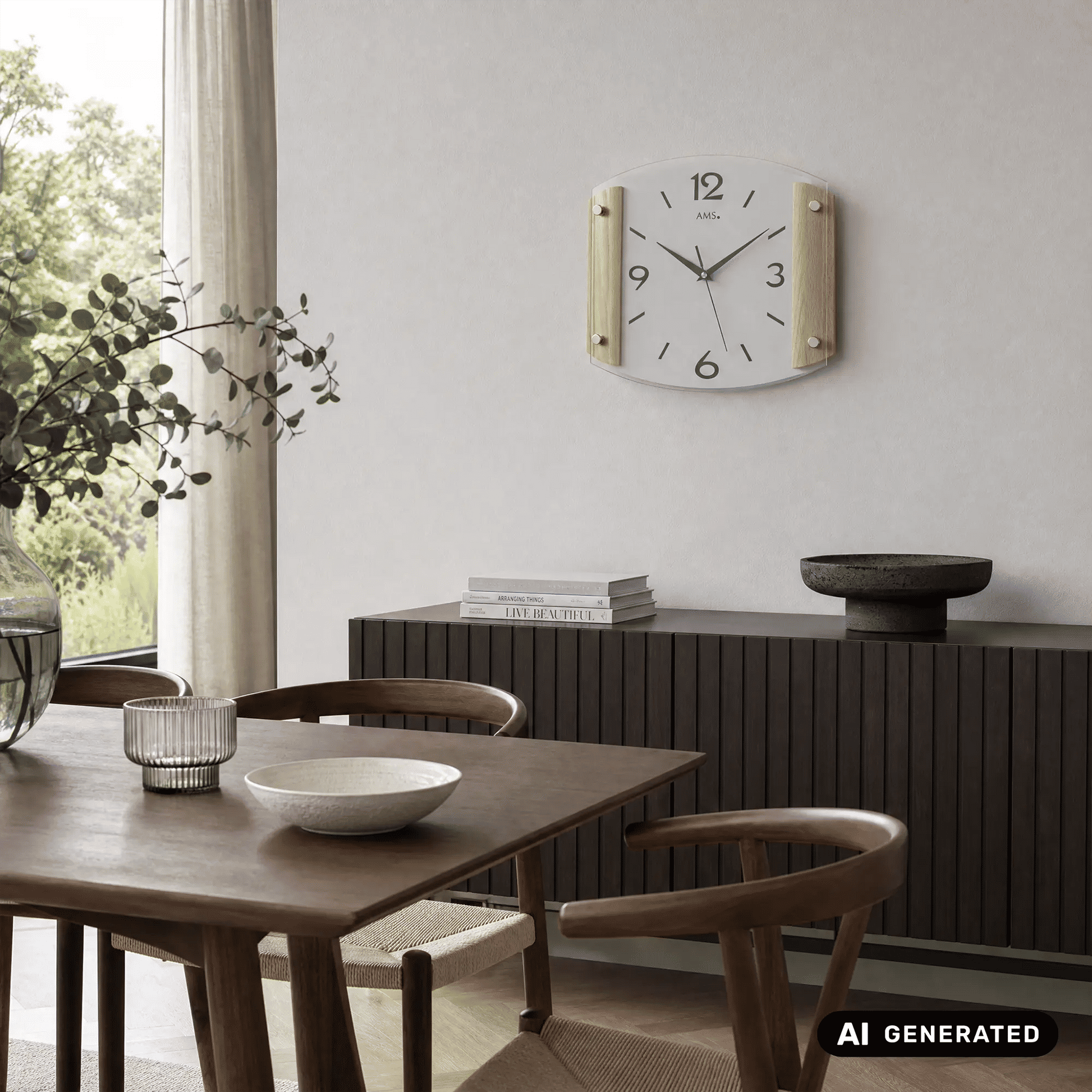 Wanduhr an der Wand mit weißem Zifferblatt, schwarzen Zahlen und Holzseitenteilen