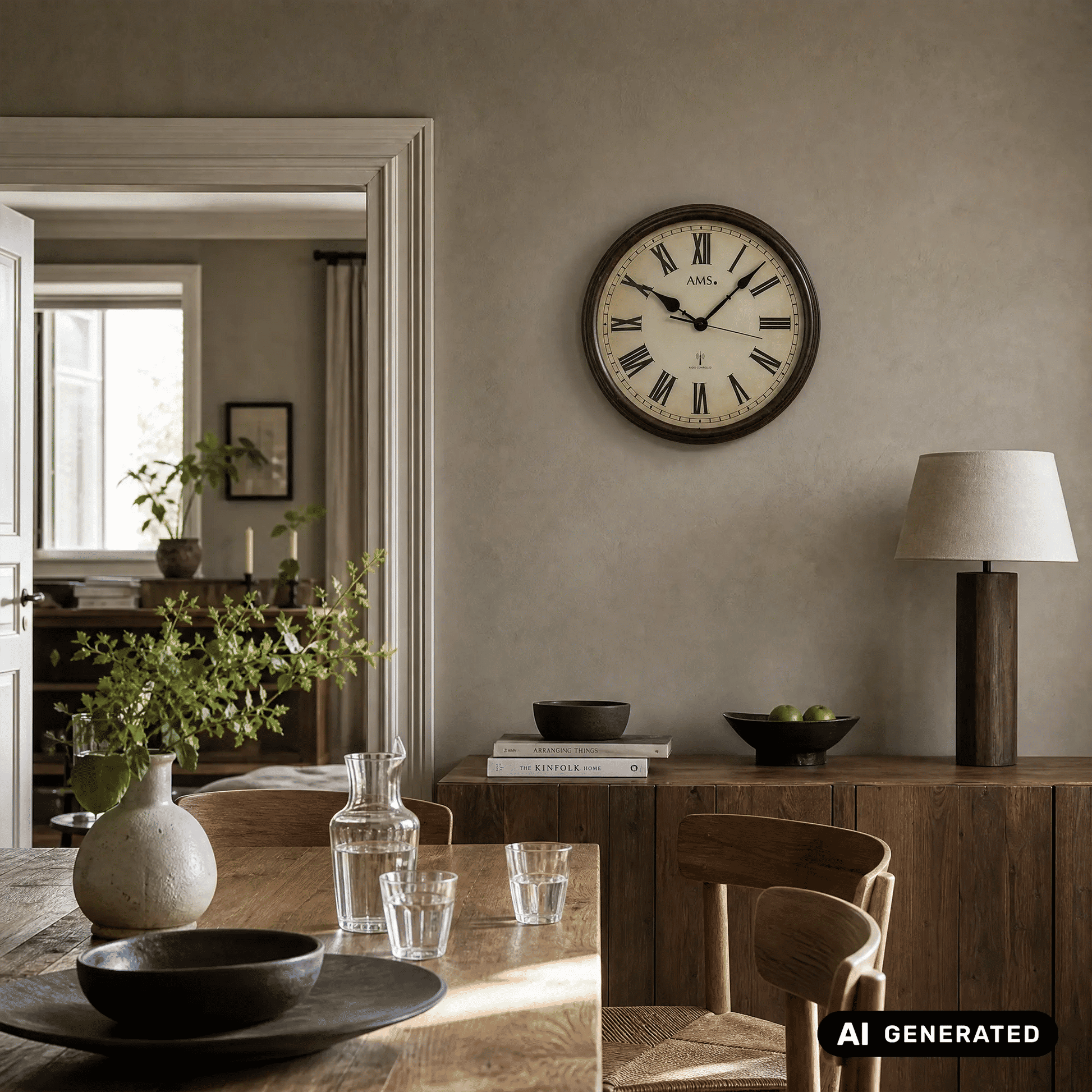Wanduhr an der Wand mit silbernem Rand, beigem Zifferblatt und schwarzen Zeigern