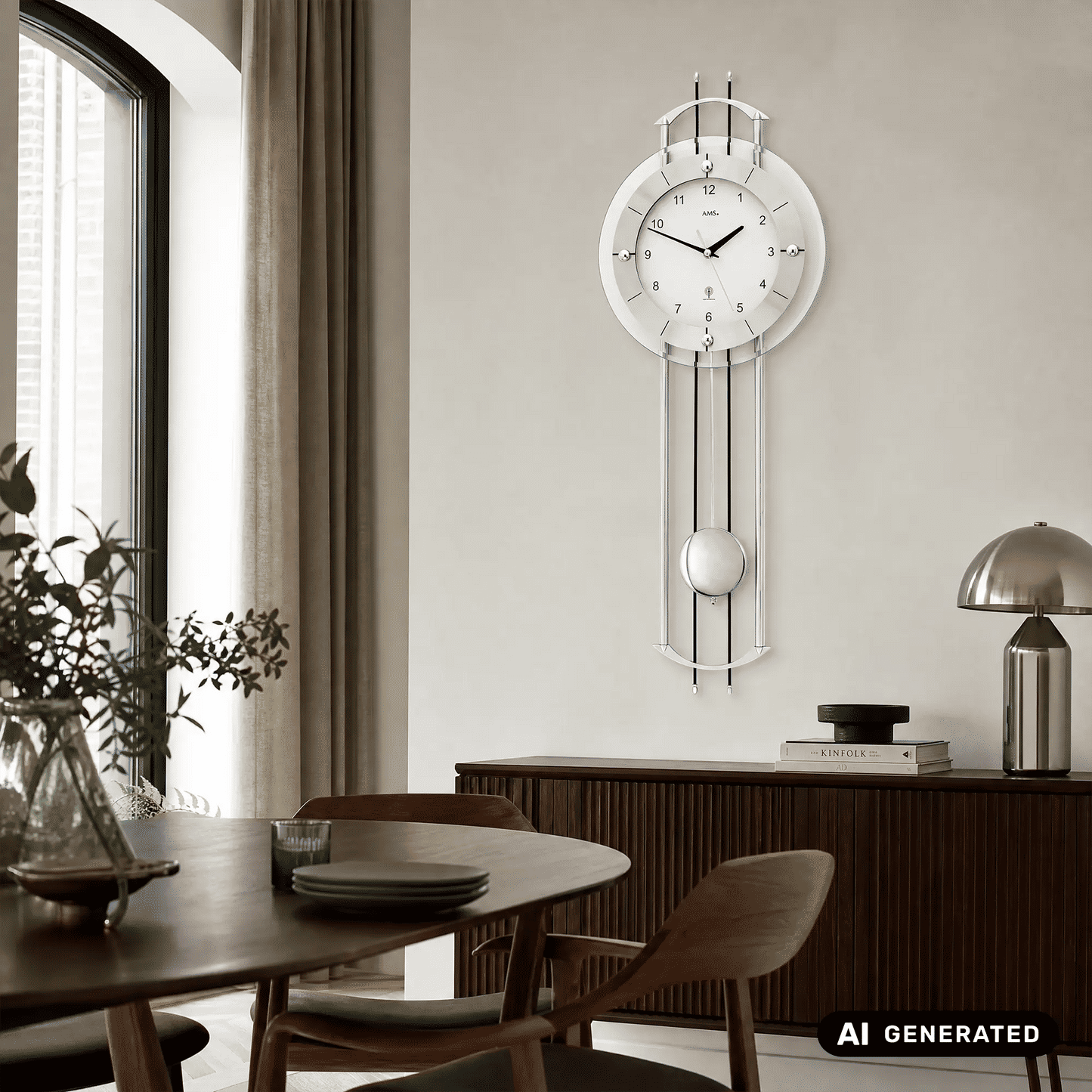 Wanduhr an der Wand: rundes Ziffernblatt, silberne Stäbe und kleines Pendel