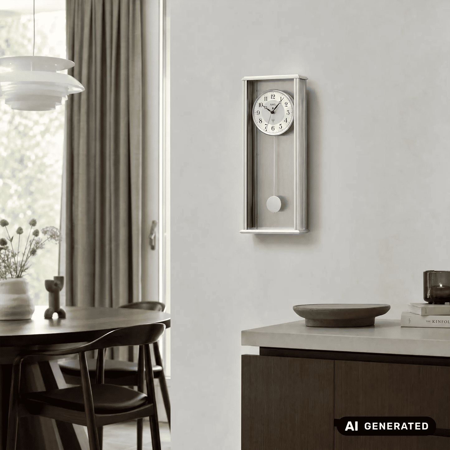 Wanduhr an der Wand mit silbernem Aluminiumrahmen und rundem Pendelgewicht