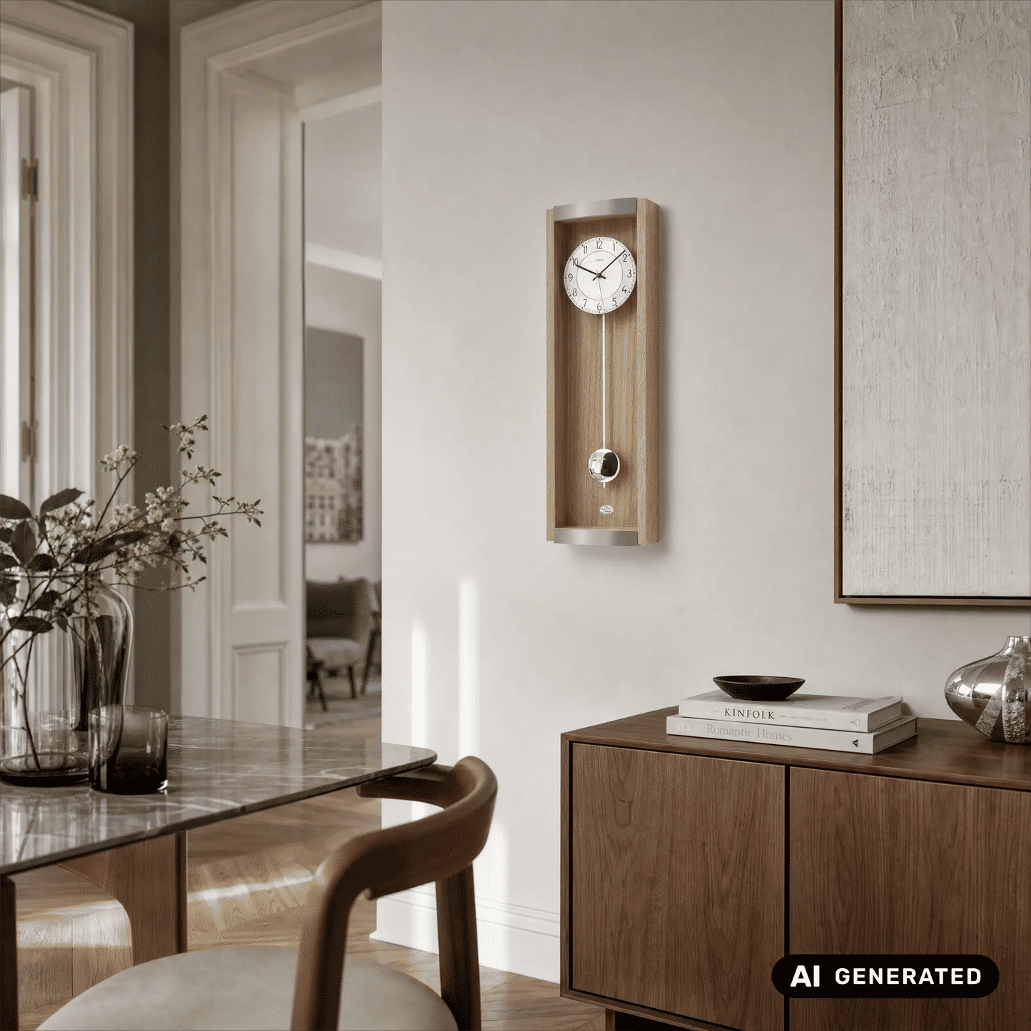 Wanduhr an heller Wand mit Holzrahmen, rundem Zifferblatt und silbernem Pendelknopf