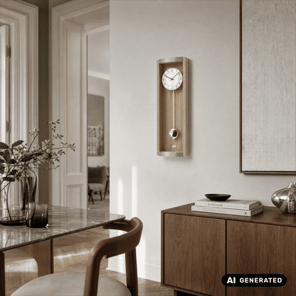 Wanduhr an heller Wand mit Holzrahmen, rundem Zifferblatt und silbernem Pendelknopf
