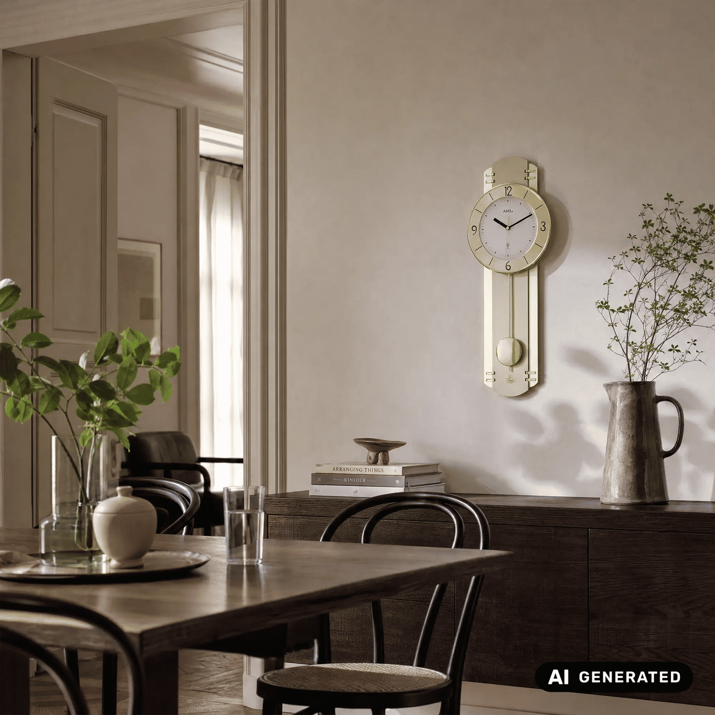 Wanduhr mit hellem Holzrahmen, rundem Zifferblatt und sichtbarem Pendelwerk