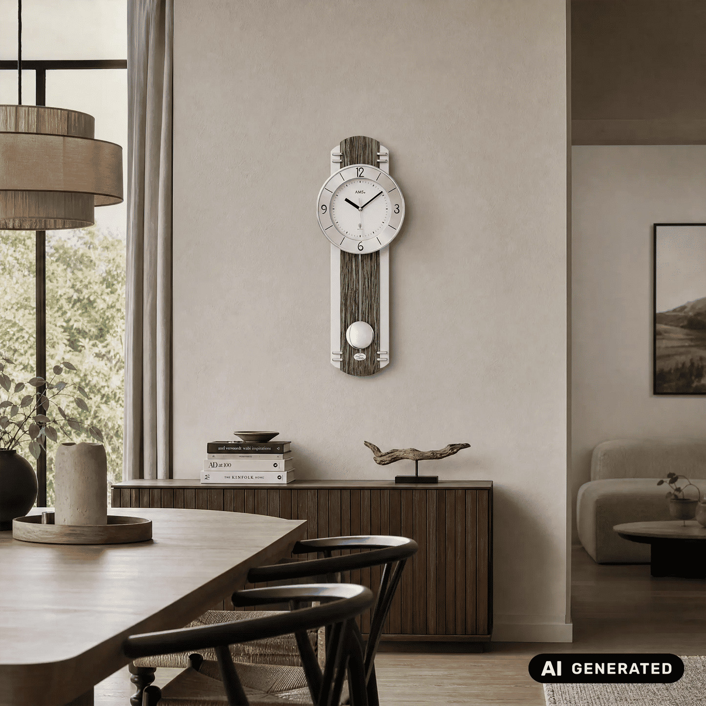 Wanduhr mit rundem Zifferblatt und Pendel, in grauem Holzdesign