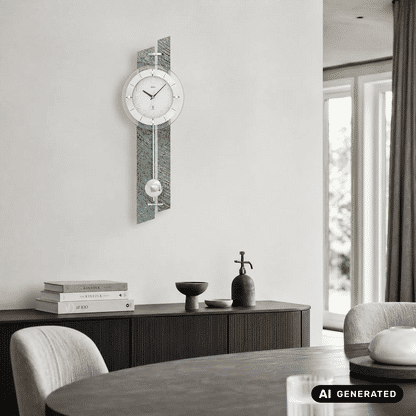 Wanduhr an der Wand mit rundem Ziffernblatt und Pendelgewicht im Glasgehäuse