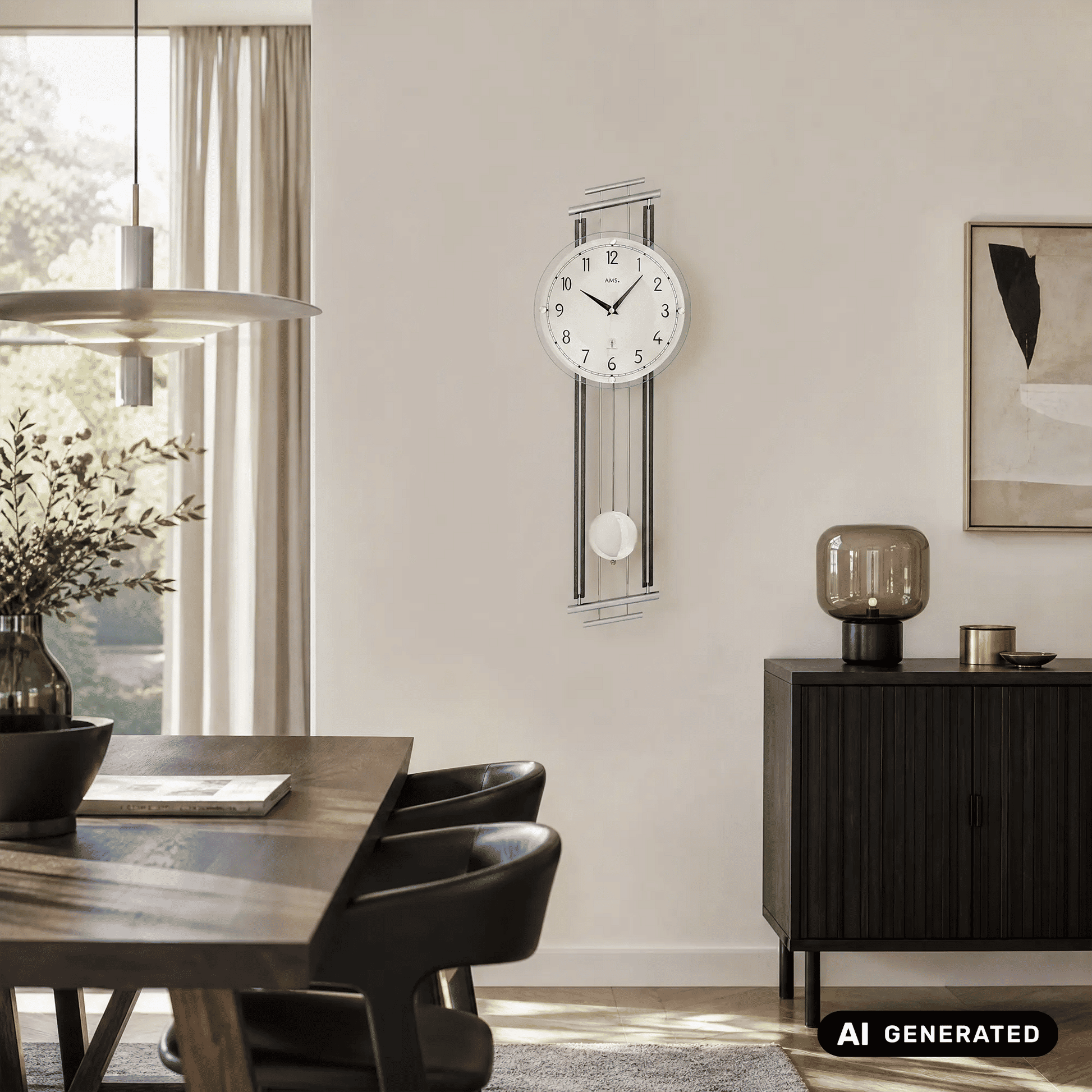Wanduhr am Wandpaneel mit Pendelwerk und Glasfront, weißes Zifferblatt