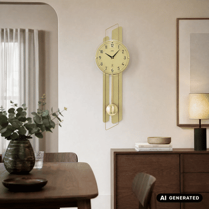 Wanduhr AMS an der Wand: Messingoptik, rundes Glas-Ziffernblatt und Pendelanhänger