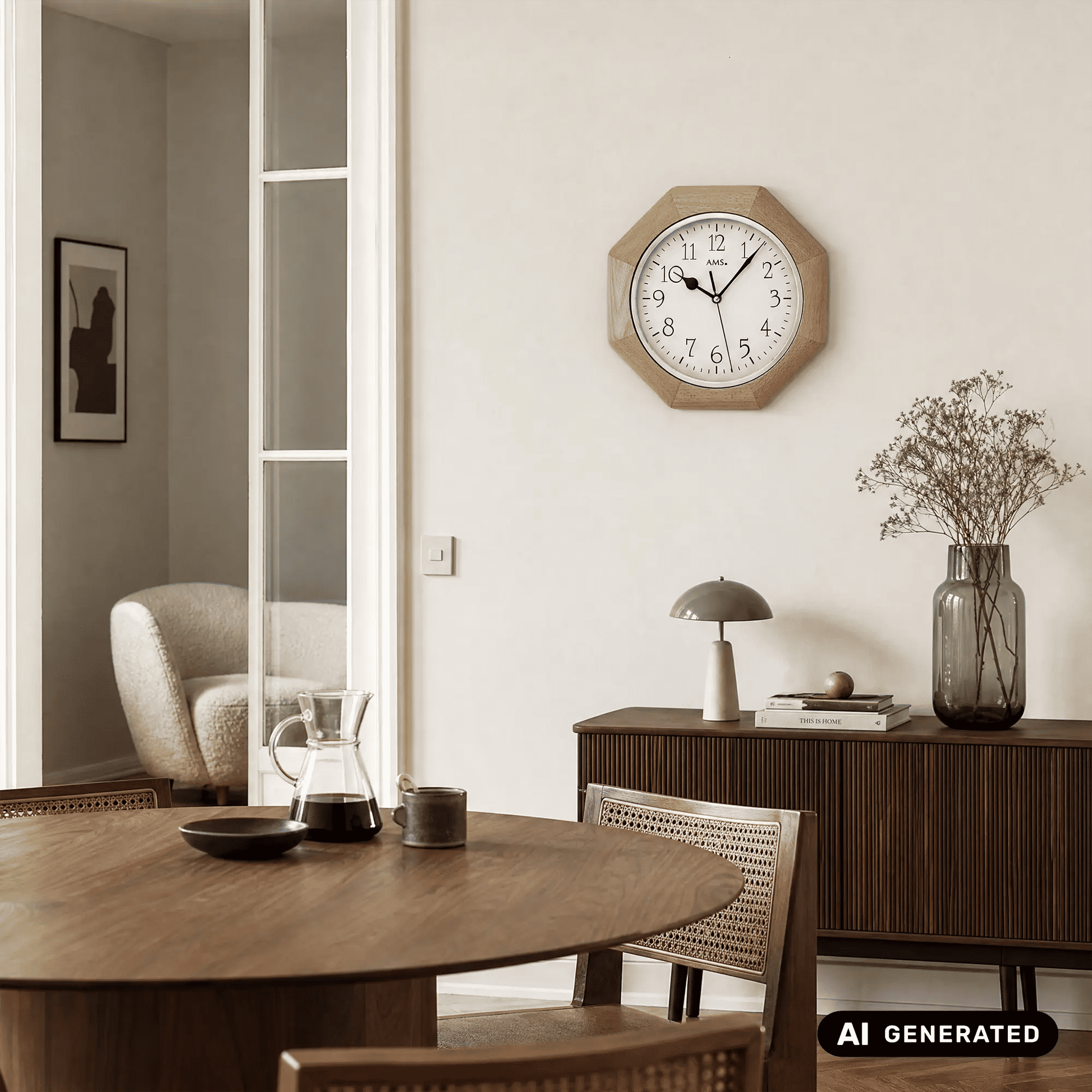 Wanduhr mit Holzgehäuse und weißem Zifferblatt, schwarz markiert, an der Wand