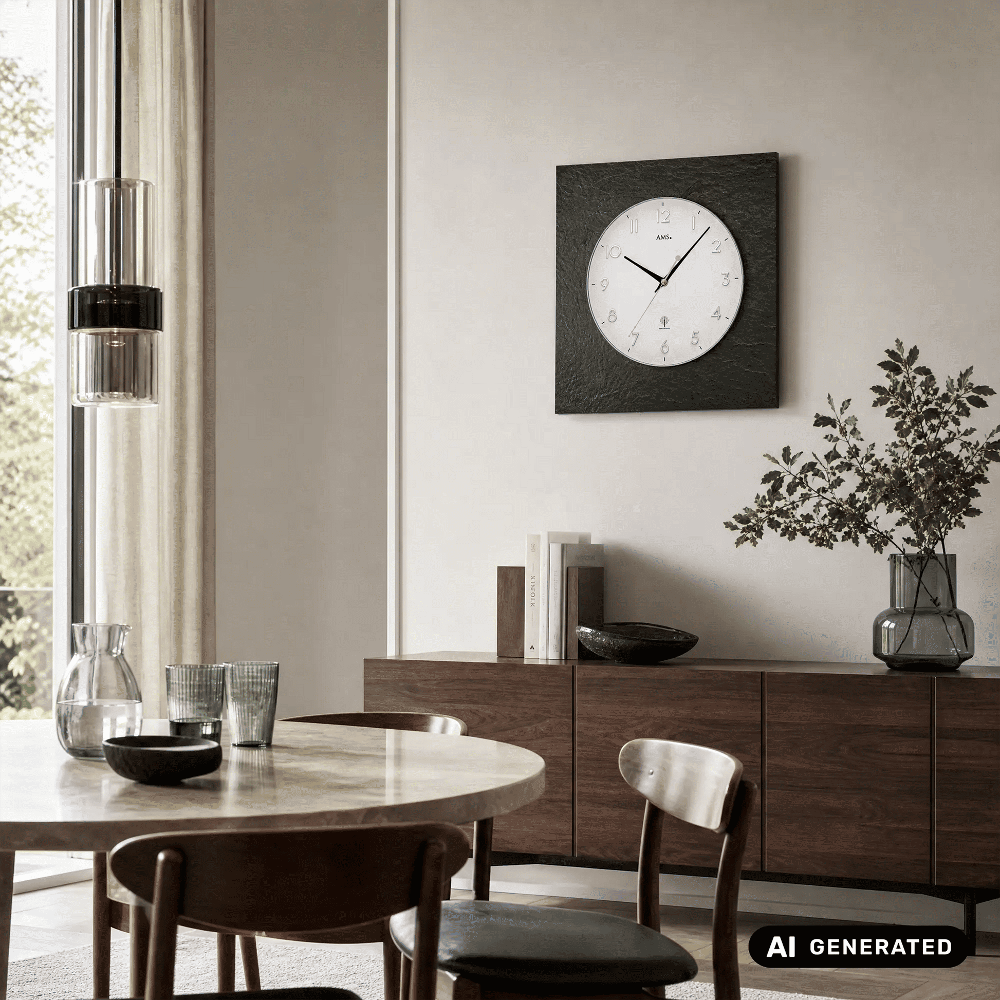Funk-Wanduhr an der Wand: rundes Schiefergrau-Gehäuse mit Mineralglasfront