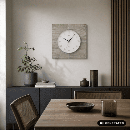 Wanduhr auf Betonstruktur-Quadrat mit rundem weißem Zifferblatt und schwarzen Zeigern