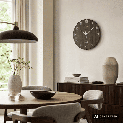 AMS Funk-Wanduhr an der Wand, nussbaumfarbene Holzoptik, weiße Ziffern