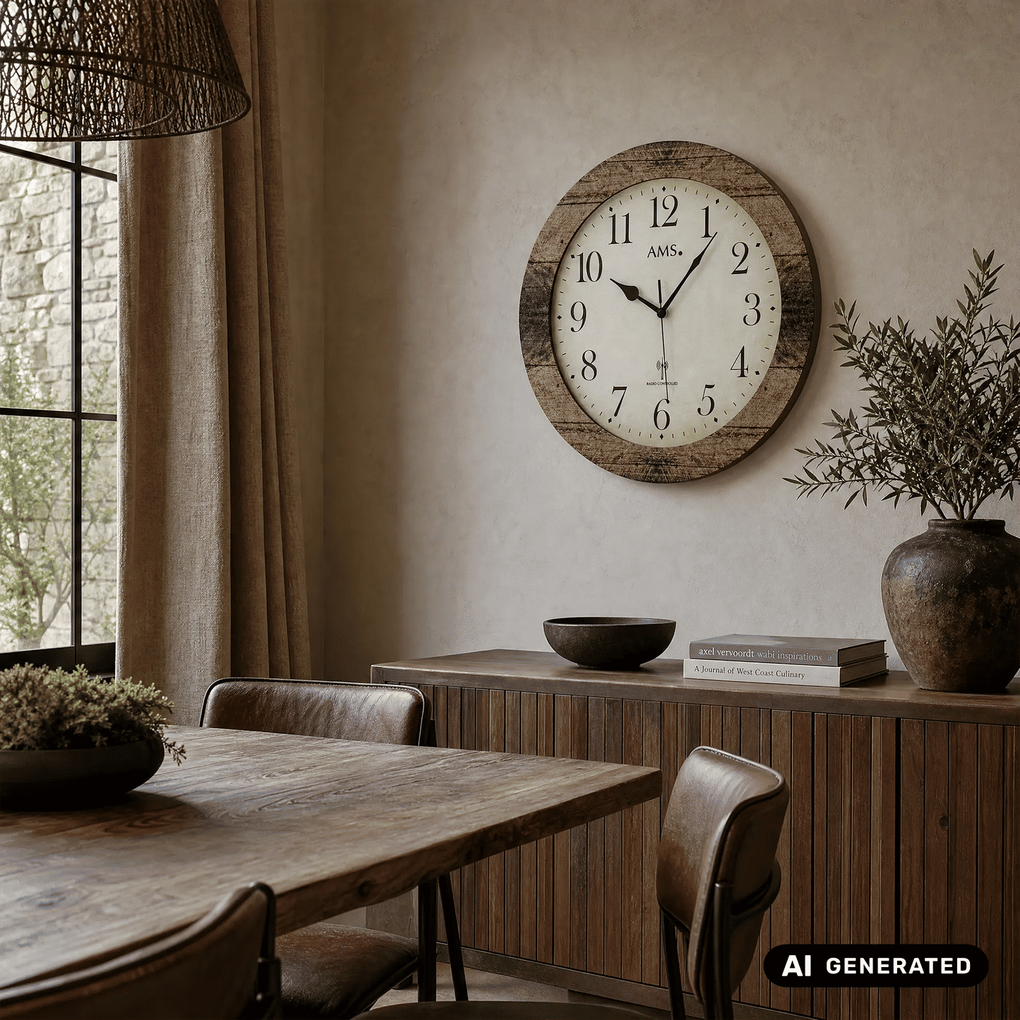 Wanduhr an der Wand mit nussbaumfarbenem Rahmen und weißem Zifferblatt
